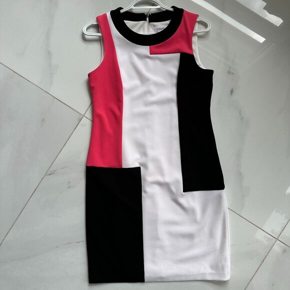 CALVIN KLEIN | Midi Dress | Size 4 | White Pink Black | Polyester Spandex Blend - Picture 2 of 14